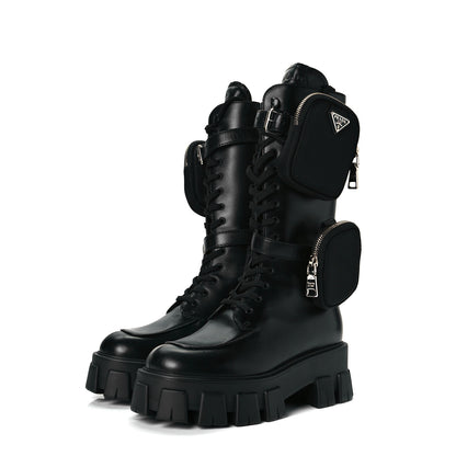 Prada Vitello Lux Nylon Metal Triangle Logo Monolith Pouch Pocket 55mm Tall Combat Boots 37 Black 2 of 7