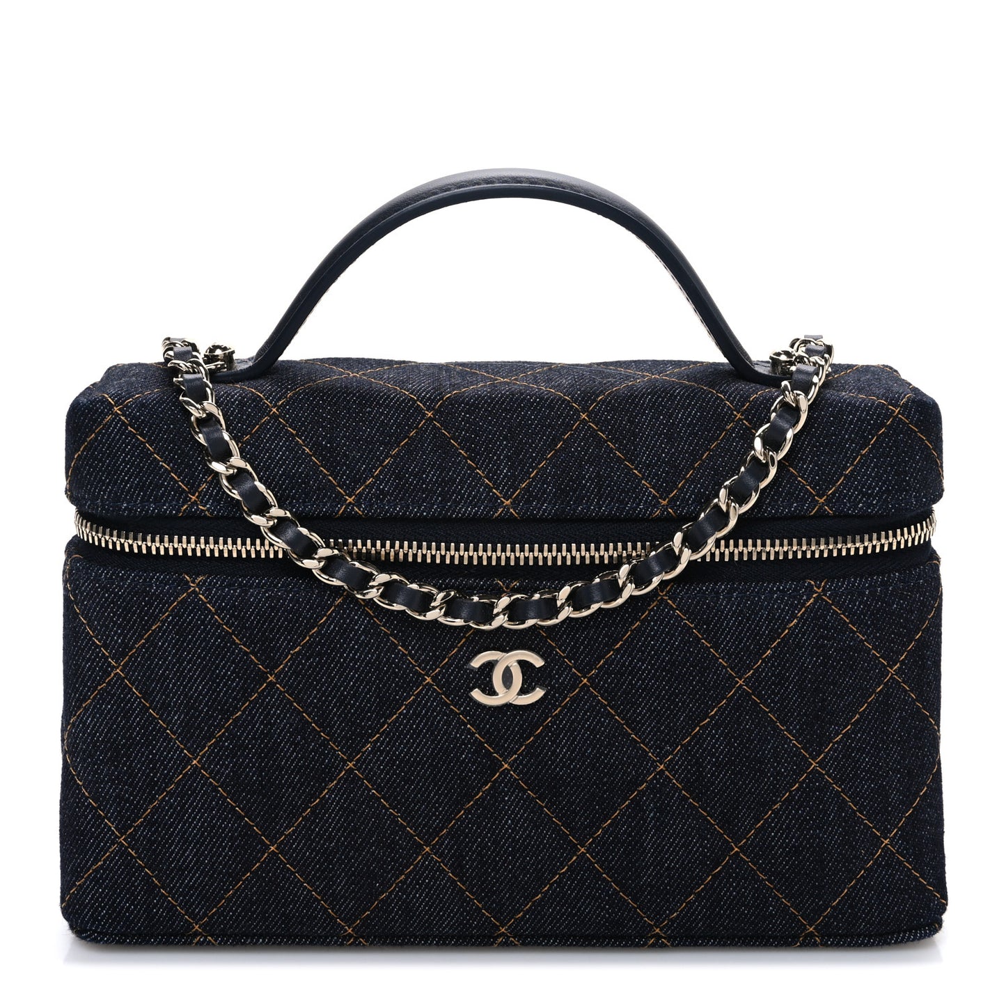 Denim Quilted Top Handle Slim Vanity Case With Chain Dark Blue Orange