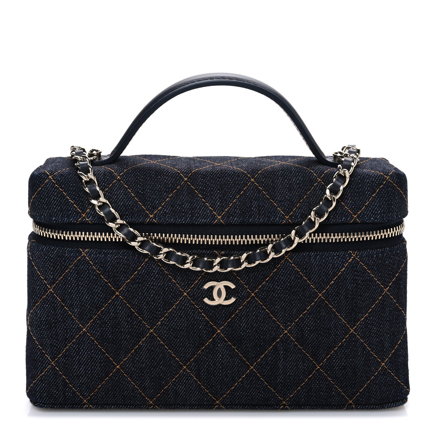 Chanel Denim Quilted Top Handle Slim Vanity Case With Chain Dark Blue Orange 1 of 11