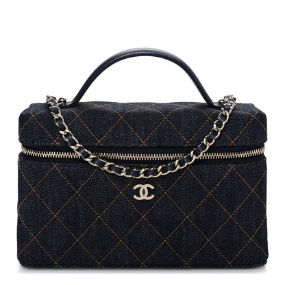 Chanel Denim Quilted Top Handle Slim Vanity Case With Chain Dark Blue Orange 1 of 11