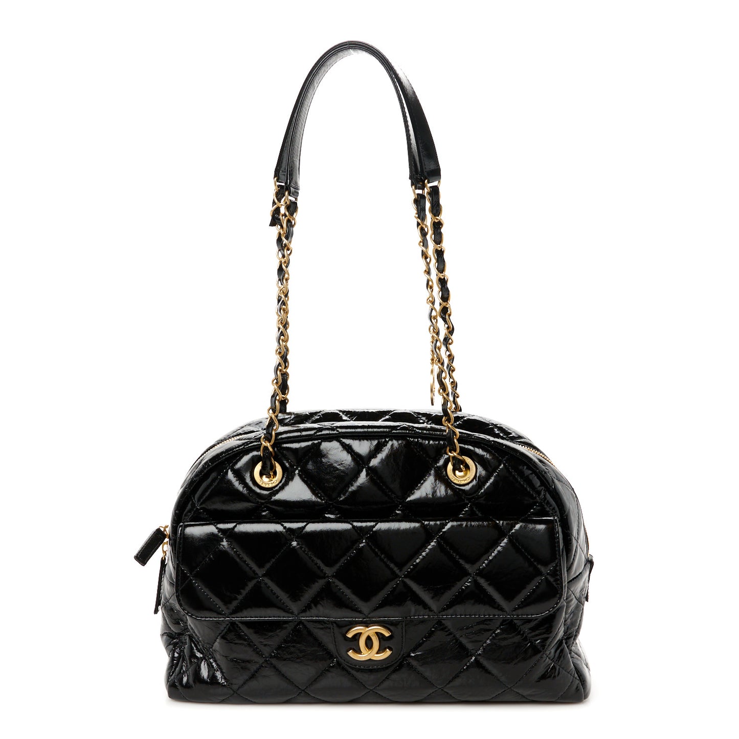 Shiny Crumpled Calfskin Quilted Large Bowling Bag Black