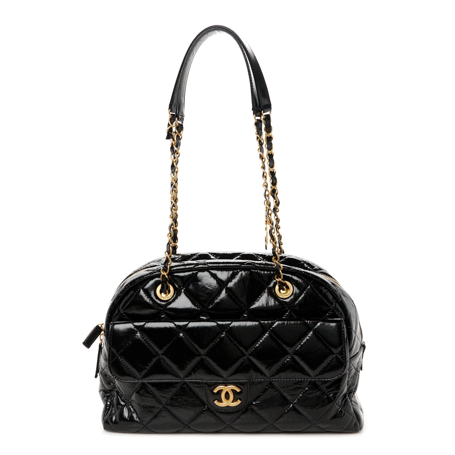 Chanel Shiny Crumpled Calfskin Quilted Large Bowling Bag Black 1 of 11