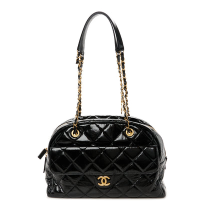 Chanel Shiny Crumpled Calfskin Quilted Large Bowling Bag Black 1 of 11