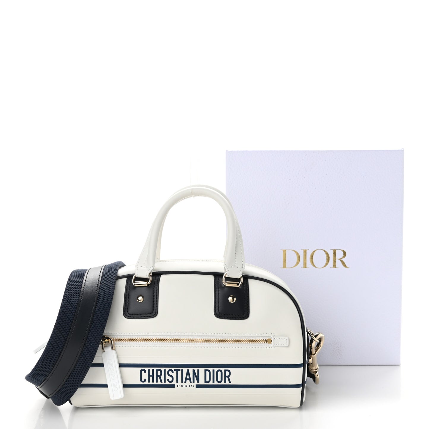 Calfskin Small Dior Vibe Zip Bowling Bag White