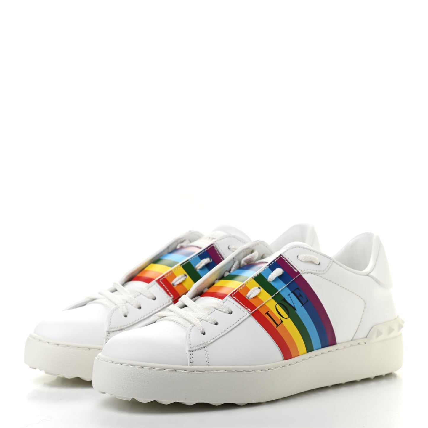 Calfskin Rainbow Printed Rockstud Open Sneakers 38.5 White Multicolor