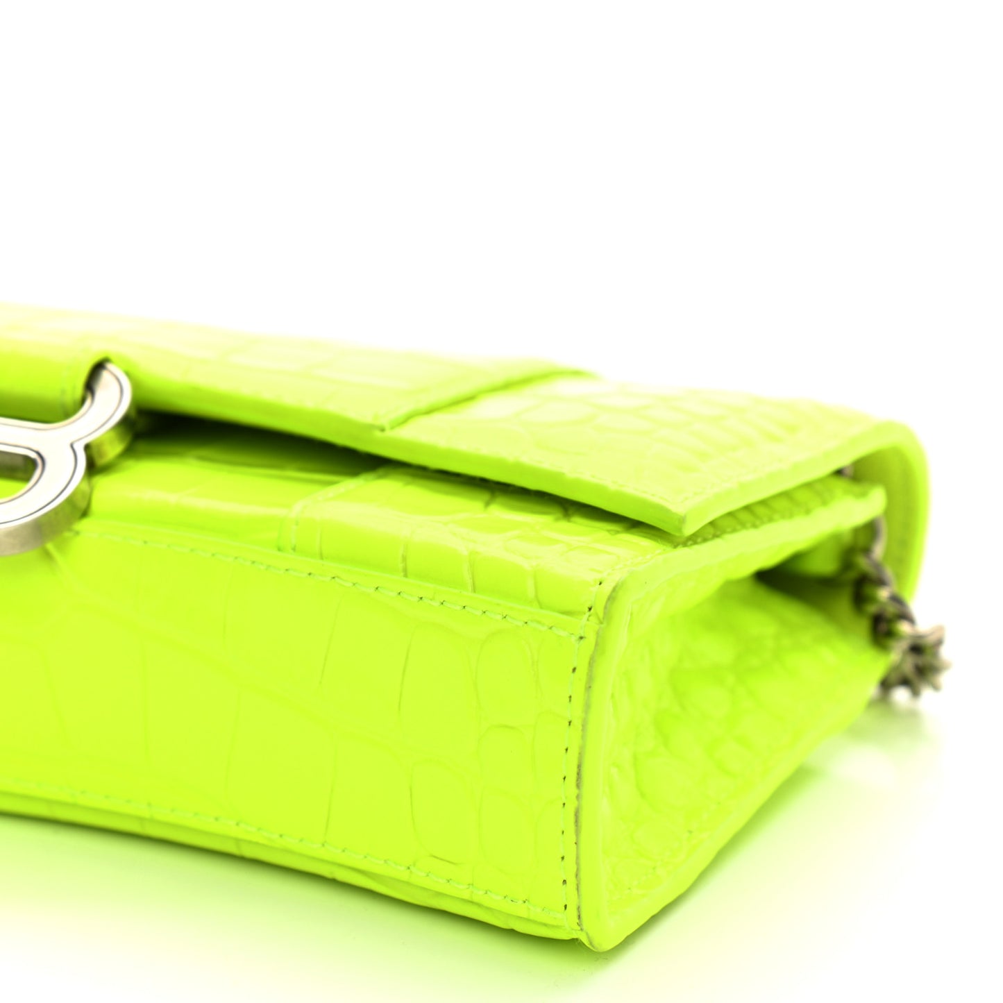 Shiny Calfskin Crocodile Embossed Hourglass Chain Bag Fluo Yellow