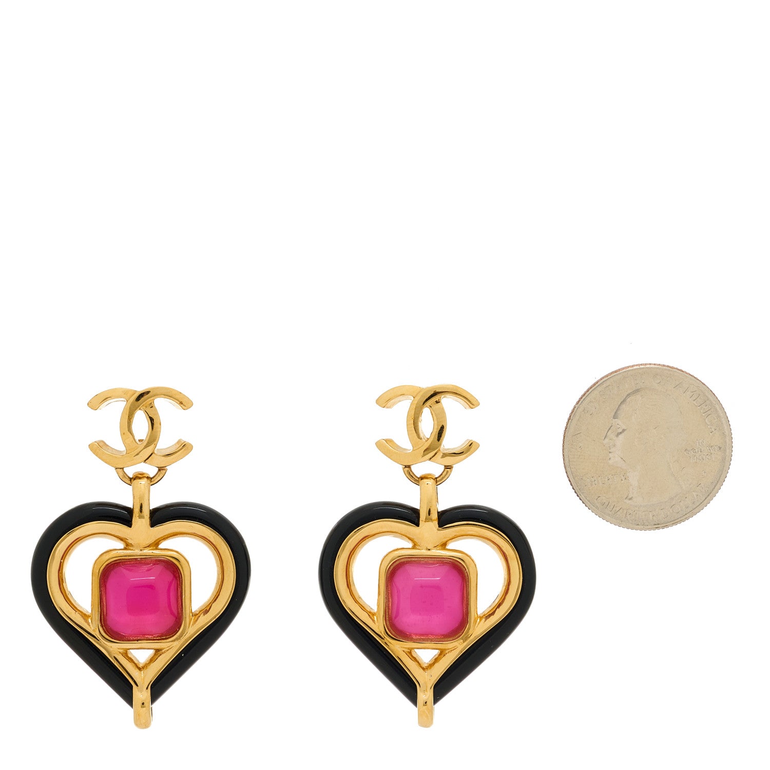 Chanel Resin Heart CC Drop Earrings Black Pink Gold 2 of 4