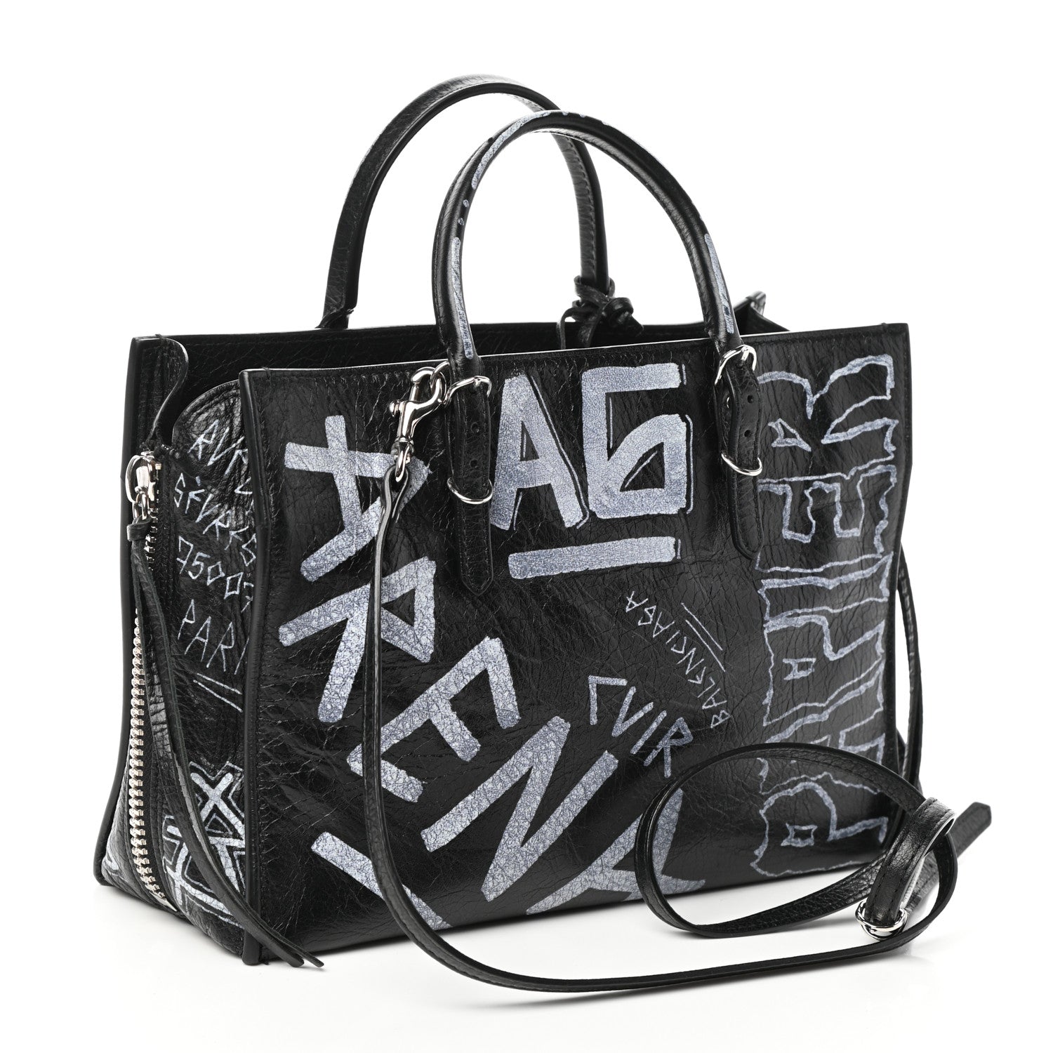 Balenciaga Agneau Graffiti Papier A6 Zip Around Tote Black White 3 of 8