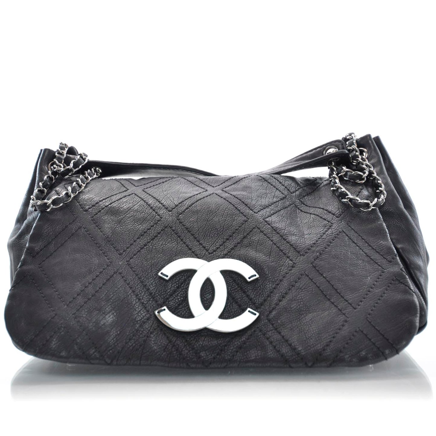 Leather Diamond Stitch Flap Black