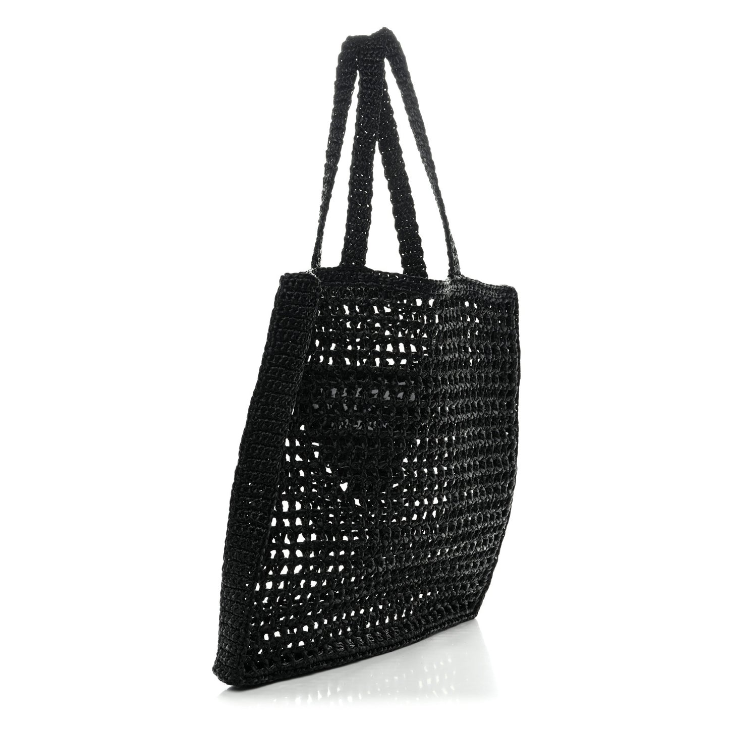 Yarn Raffia Effect Crochet Logo Embroidered Tote Bag Black