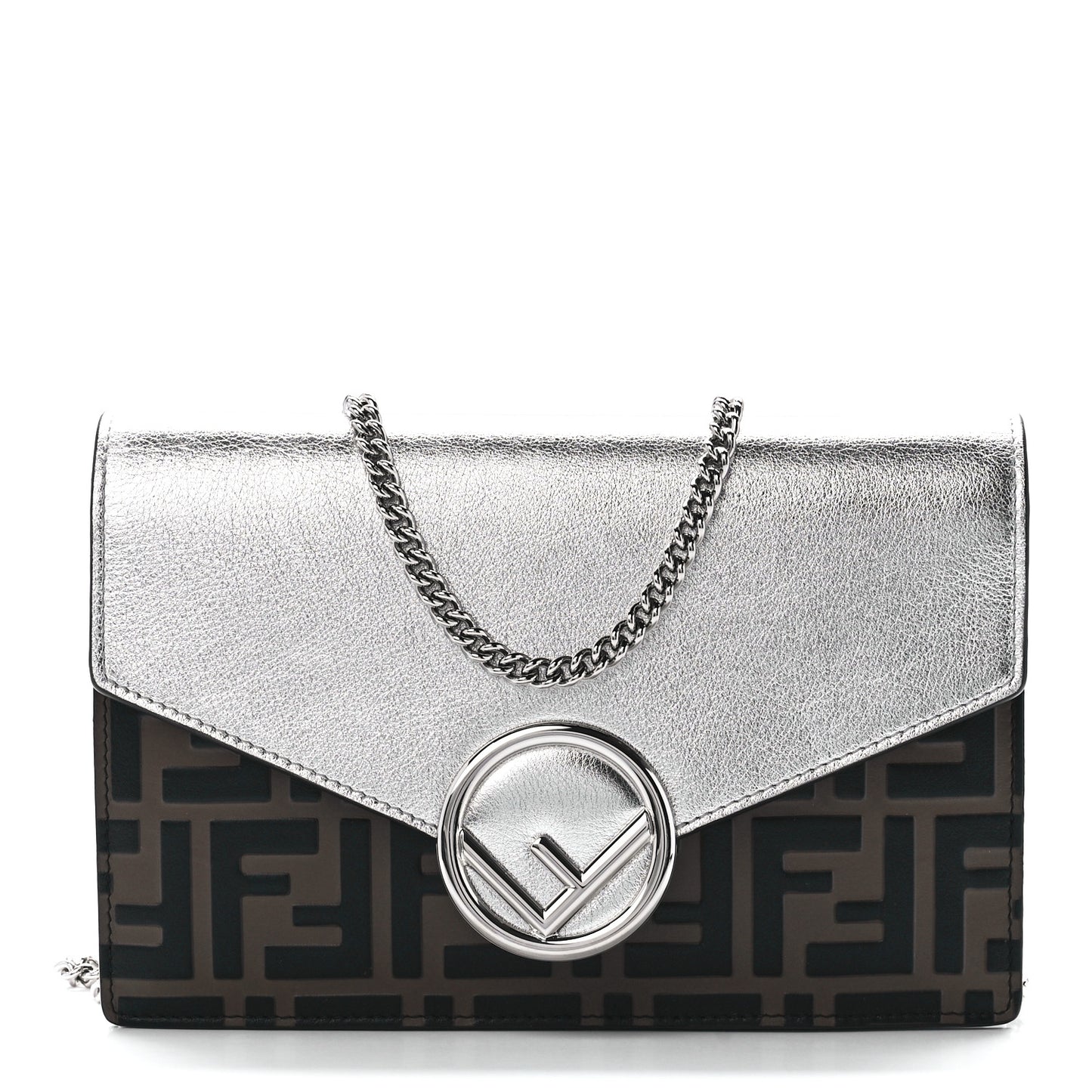 Vitello Soft Catalan Mirror F is Fendi Bi-Color FF 1974 Embossed Medium Envelope Wallet On Chain Maya Black Argento