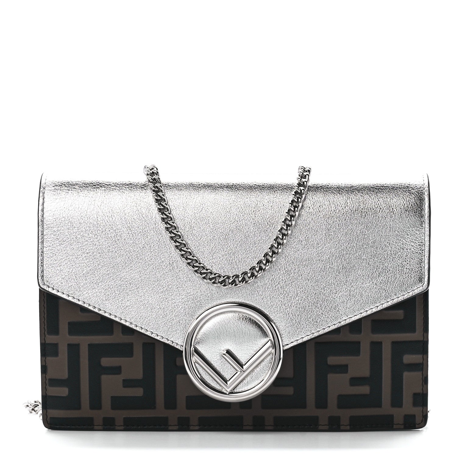 Fendi Vitello Soft Catalan Mirror F is Fendi Bi-Color FF 1974 Embossed Medium Envelope Wallet On Chain Maya Black Argento 1 of 12