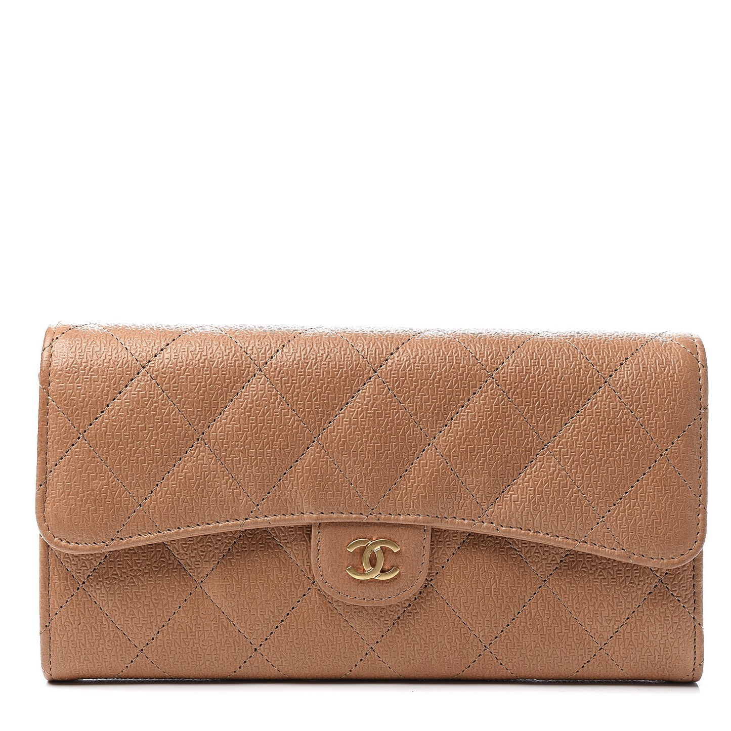 Letter Calfskin Embossed Quilted Large Gusset Flap Wallet Beige