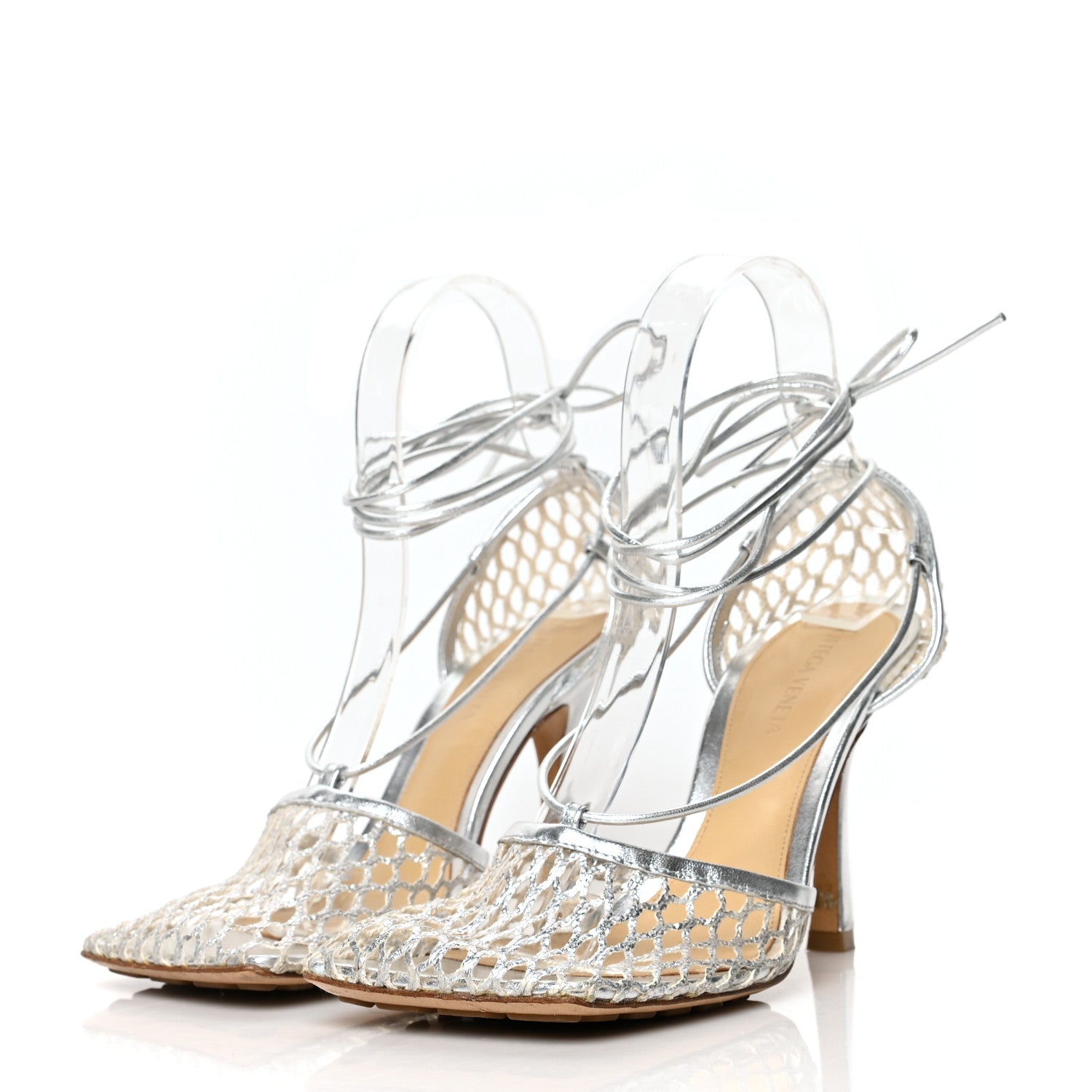 Bottega Veneta Mesh Metallic Nappa Stretch Ankle Tie Sandals 37 Silver 3 of 7