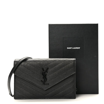 Saint Laurent Grain De Poudre Matelasse Chevron Monogram Monochrome Envelope Chain Wallet Black 10 of 10