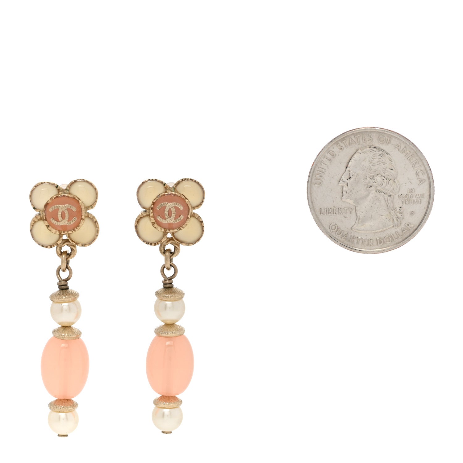 Chanel Resin Pearl CC Flower Drop Earrings Pink Beige 2 of 6