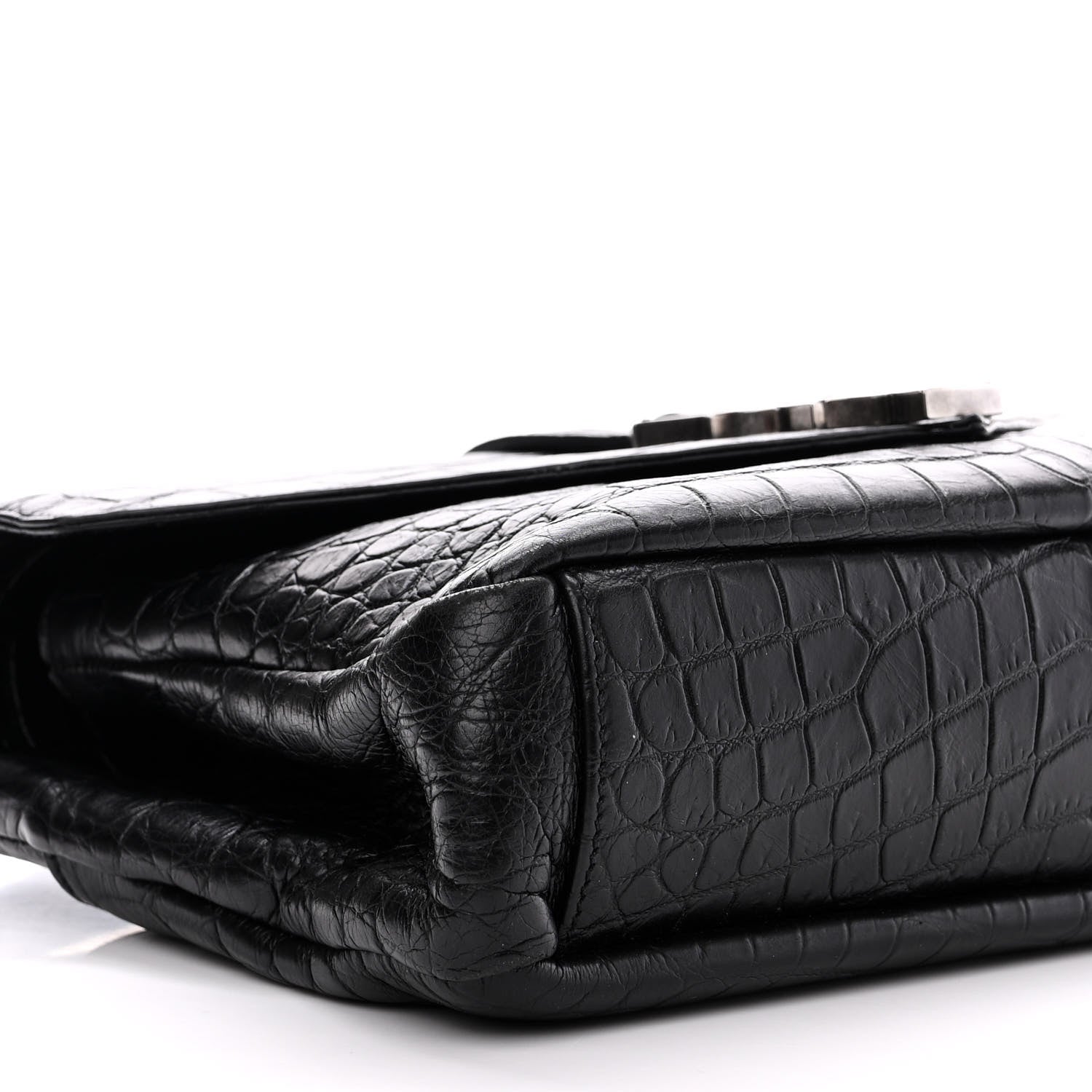 Saint Laurent Calfskin Crocodile Embossed College Monogram Satchel Black 10 of 12