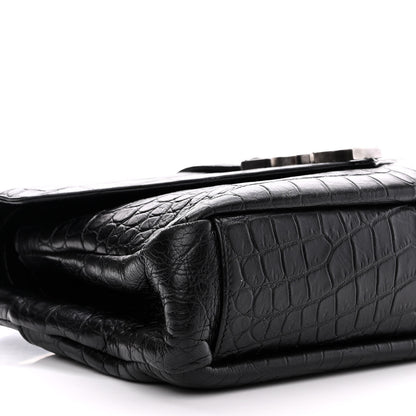 Saint Laurent Calfskin Crocodile Embossed College Monogram Satchel Black 10 of 12