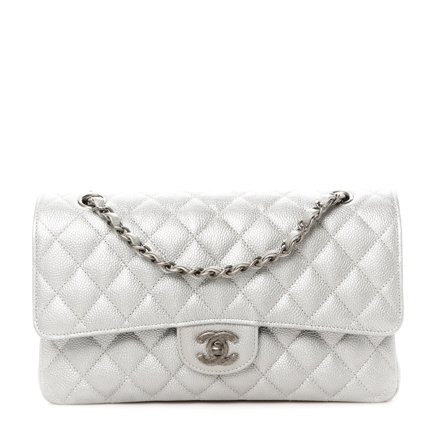 Metallic Caviar Quilted Medium Double Flap Silver