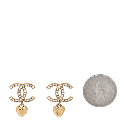 Chanel Metal Crystal CC Heart Drop Earrings Gold 2 of 4