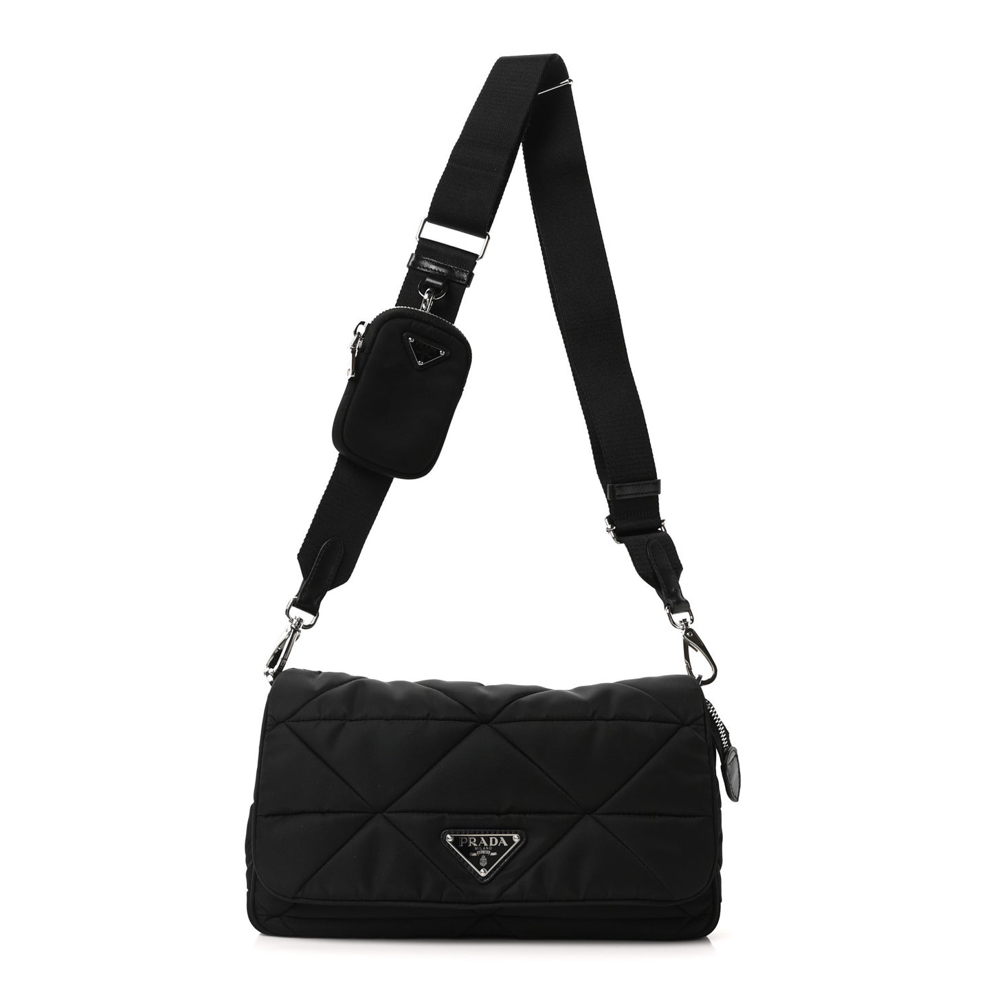 Re-Nylon Quilted Padded Flap Shoulder Bag Black