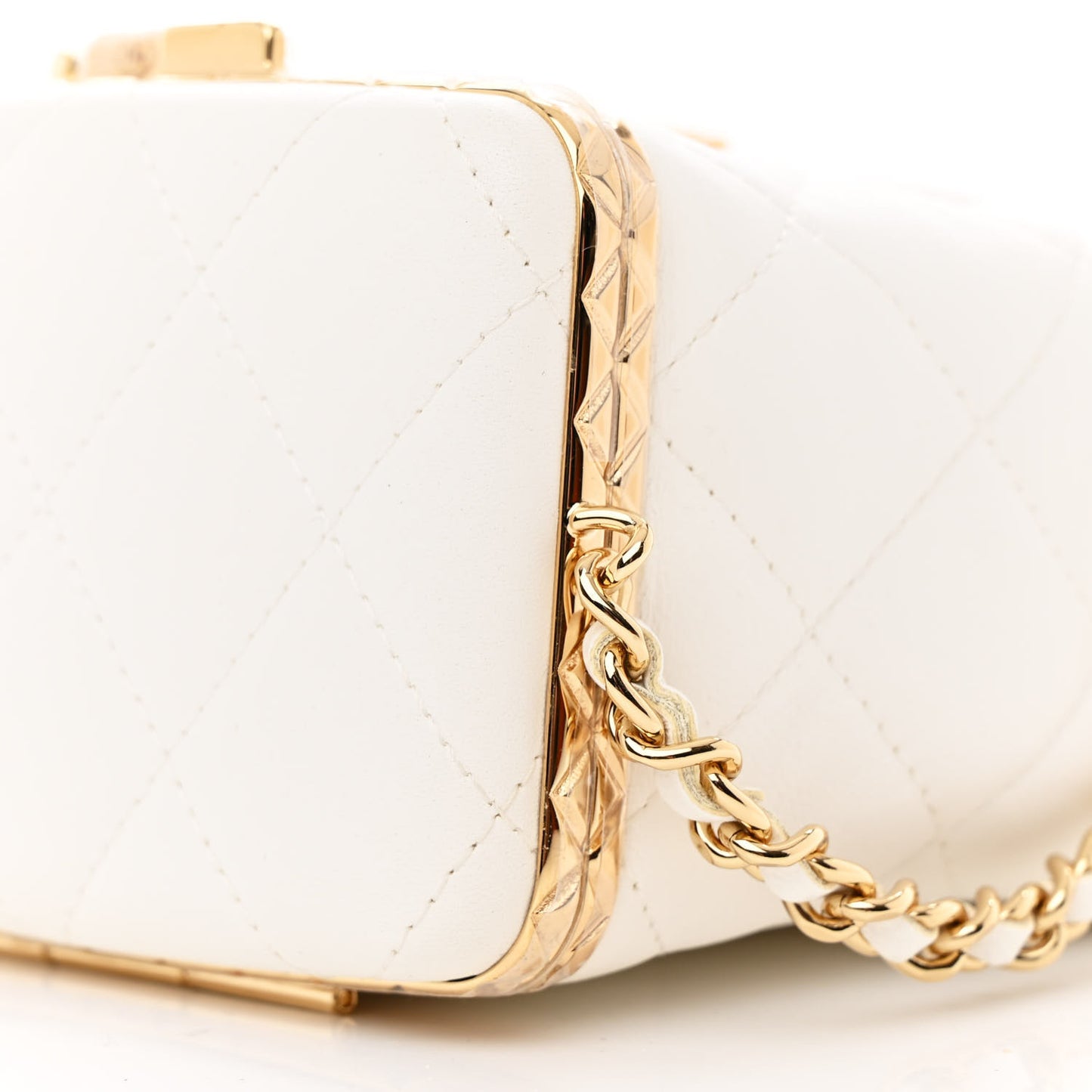 Metal Lambskin Quilted Small Chain Bucket Bag White