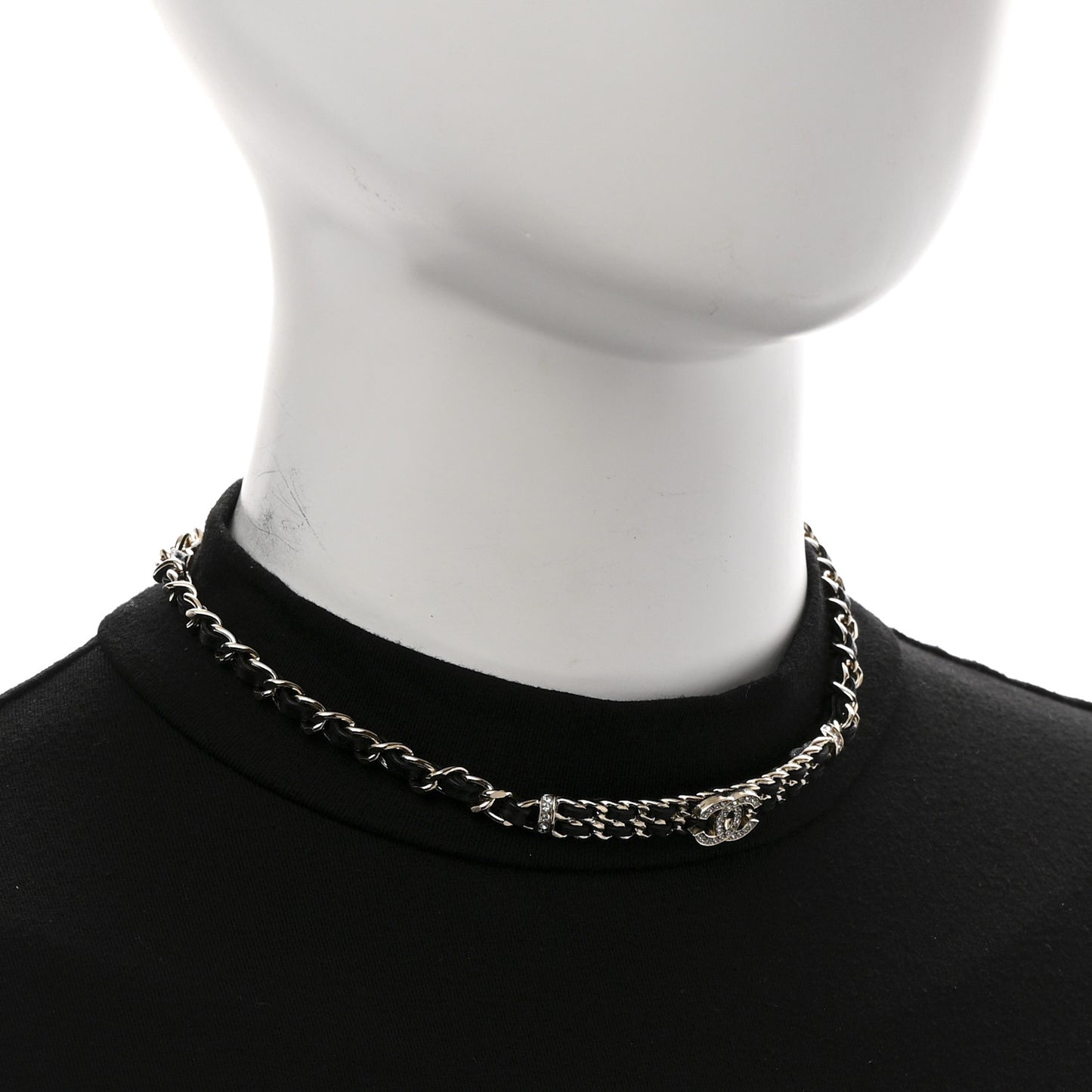 Metal Lambskin Crystal CC Choker Necklace Black Gold