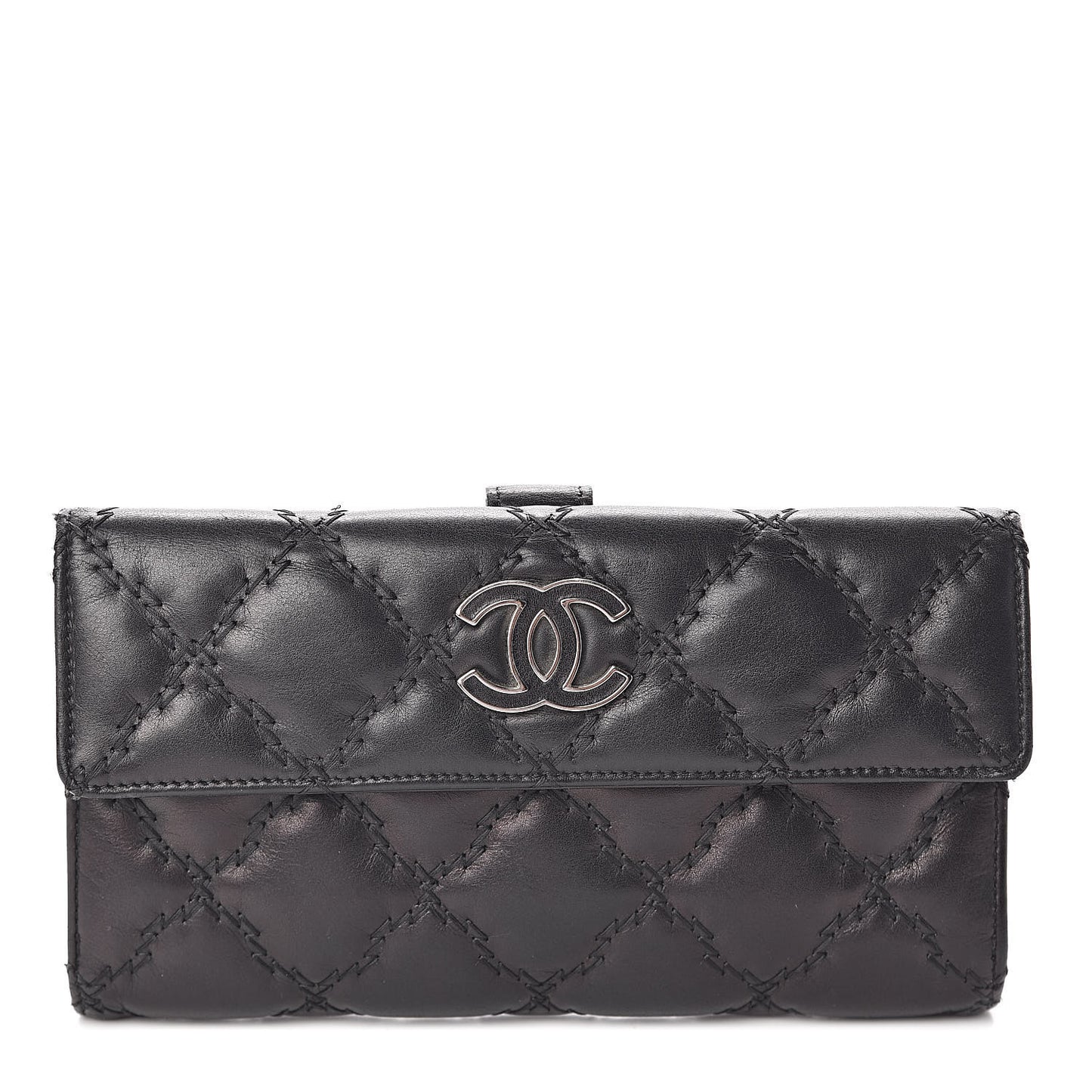 Calfskin Double Stitch Hamptons Flap Wallet Black