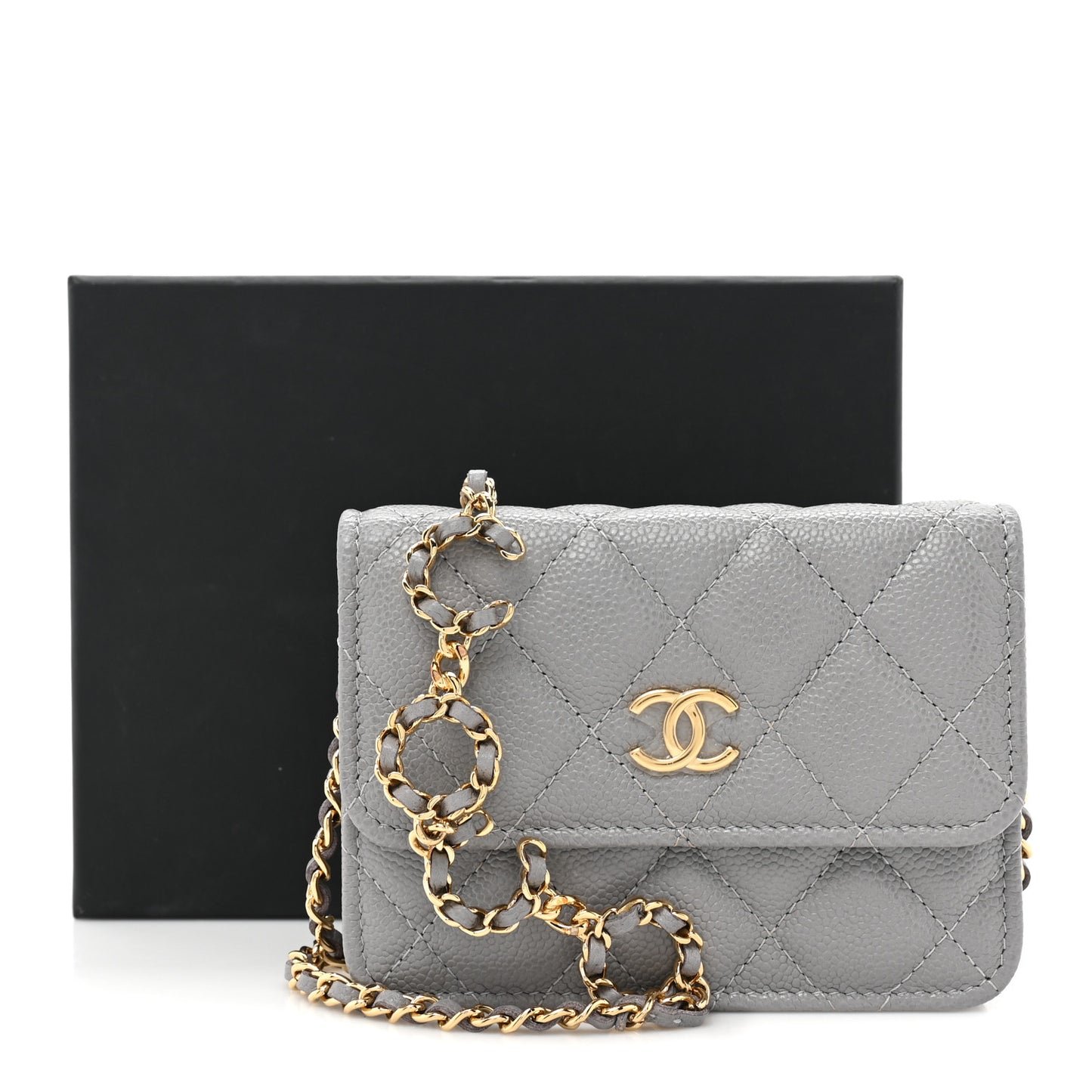 Caviar Quilted Miss Coco Clutch With Chain Grey