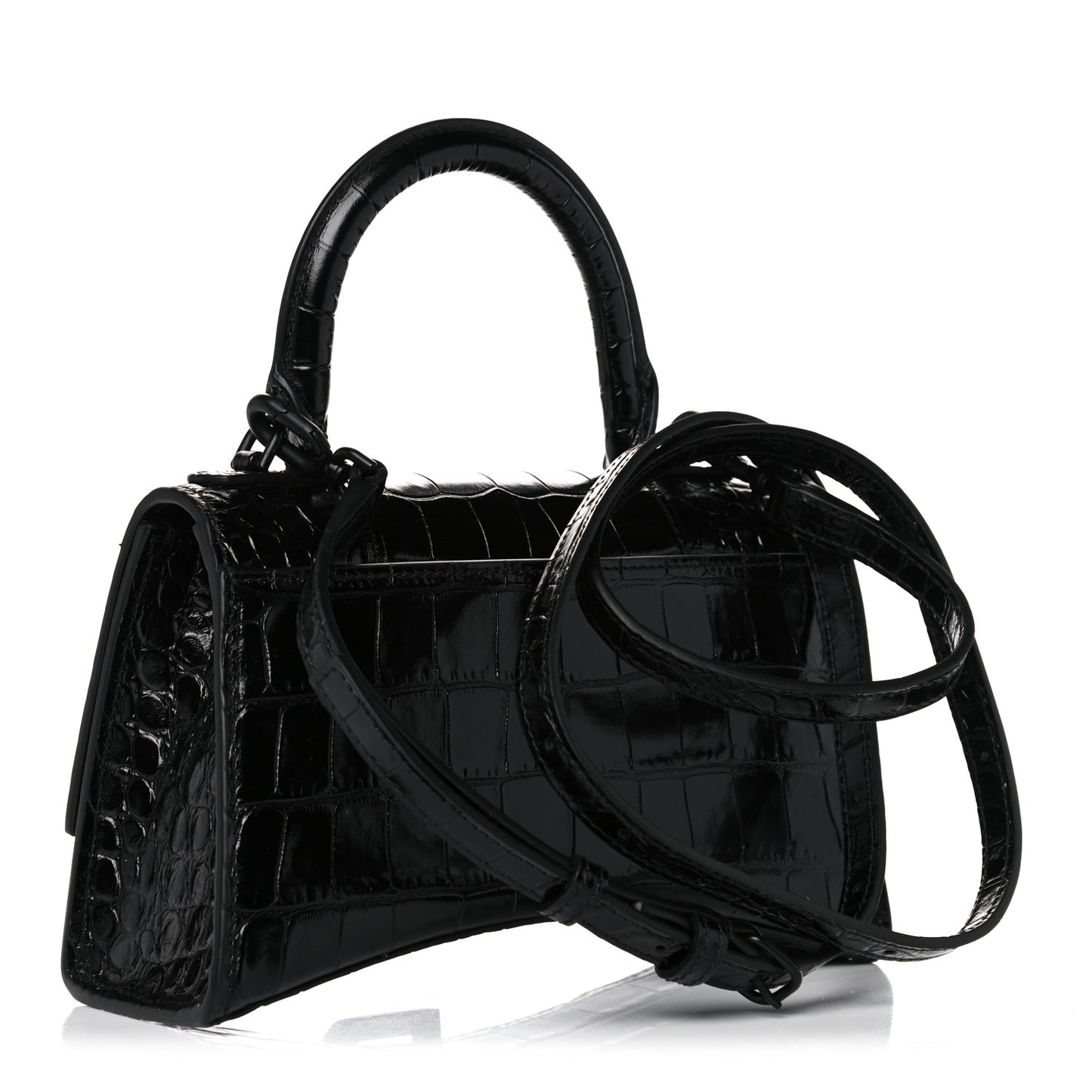 Shiny Calfskin Monochrome Crocodile Embossed Hourglass Top Handle Bag XS Black