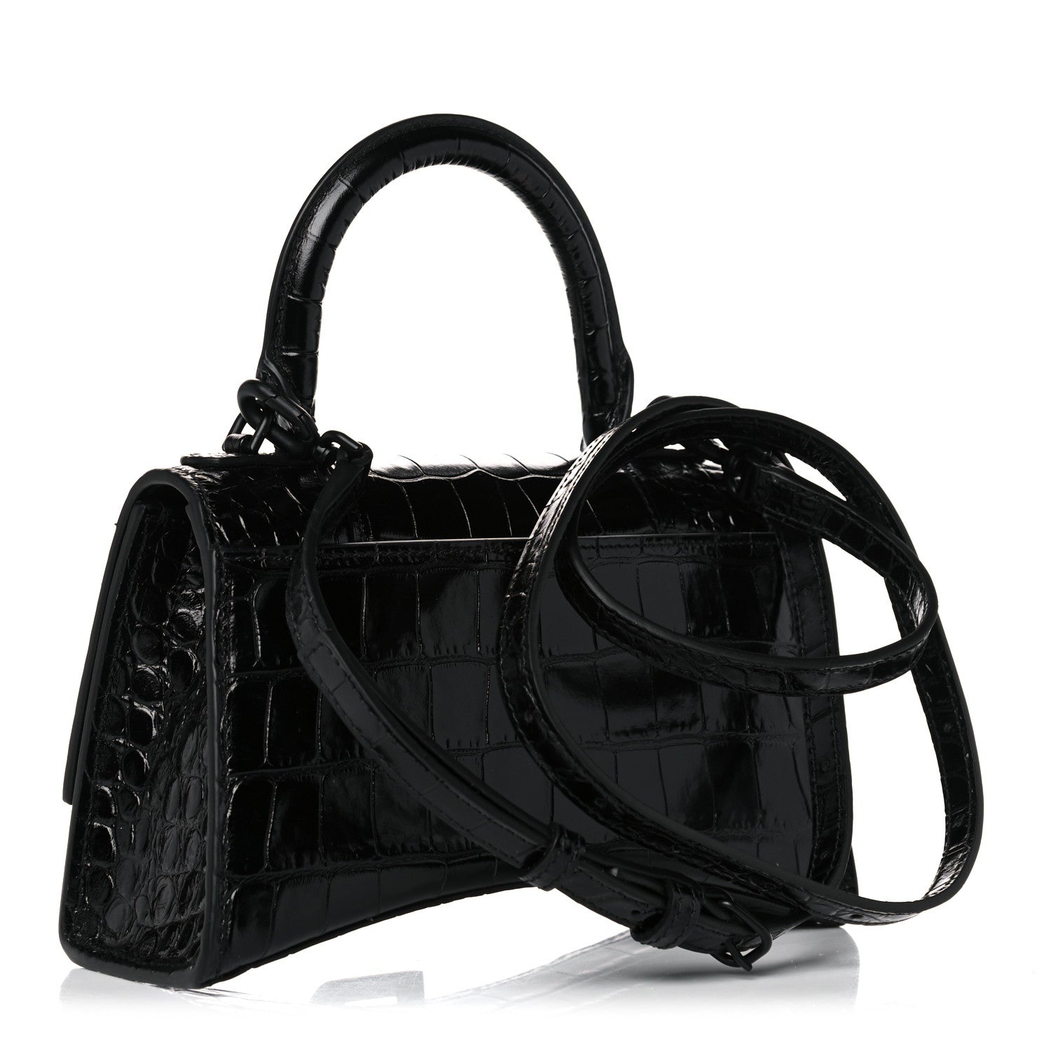 Balenciaga Shiny Calfskin Monochrome Crocodile Embossed Hourglass Top Handle Bag XS Black 3 of 10