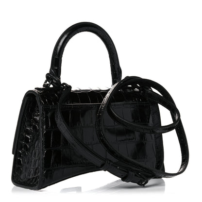 Balenciaga Shiny Calfskin Monochrome Crocodile Embossed Hourglass Top Handle Bag XS Black 3 of 10