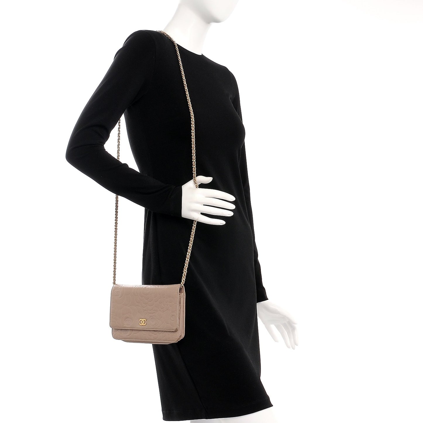 Lambskin Camellia Embossed Wallet on Chain WOC Beige