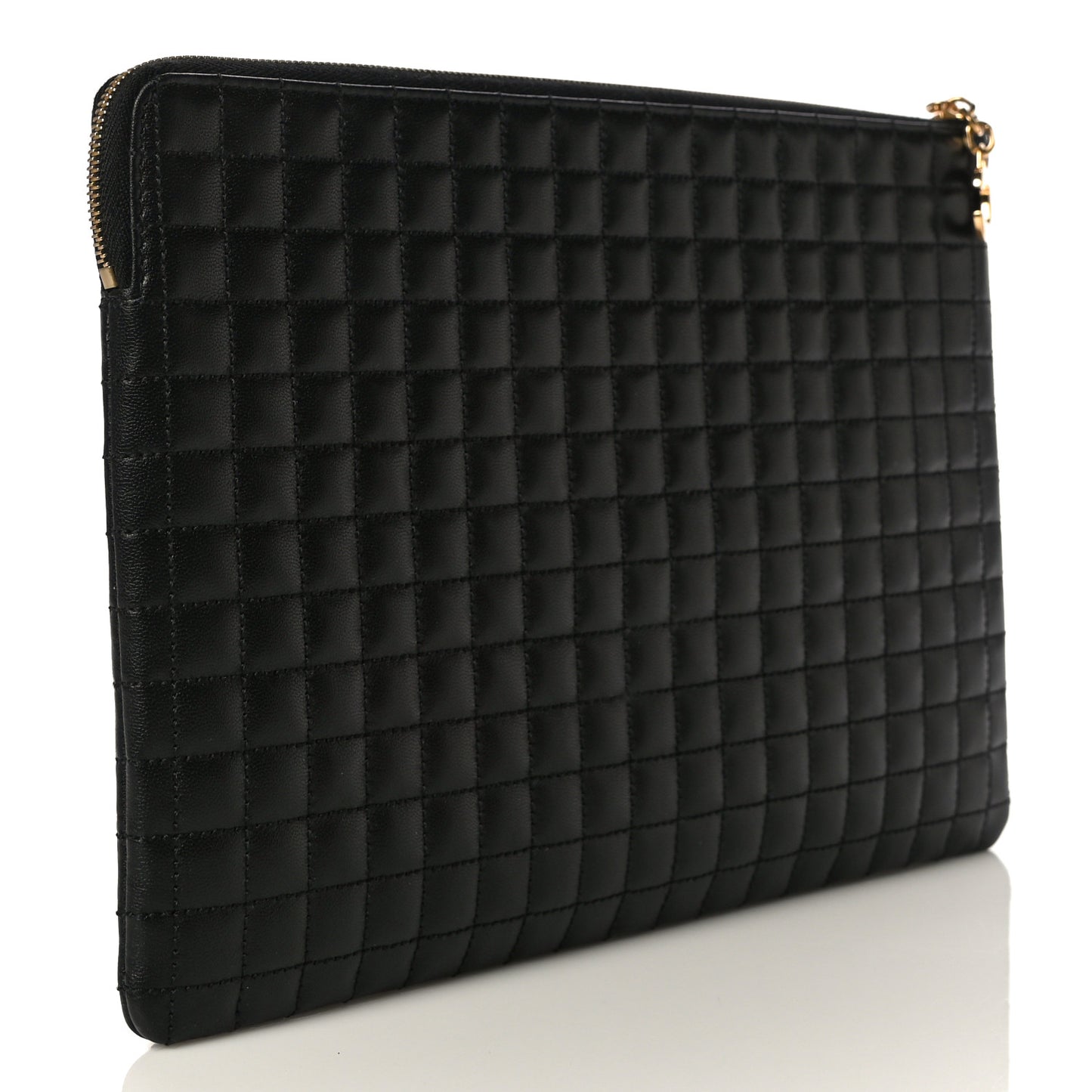 Calfskin Quilted C Charm Pouch Black