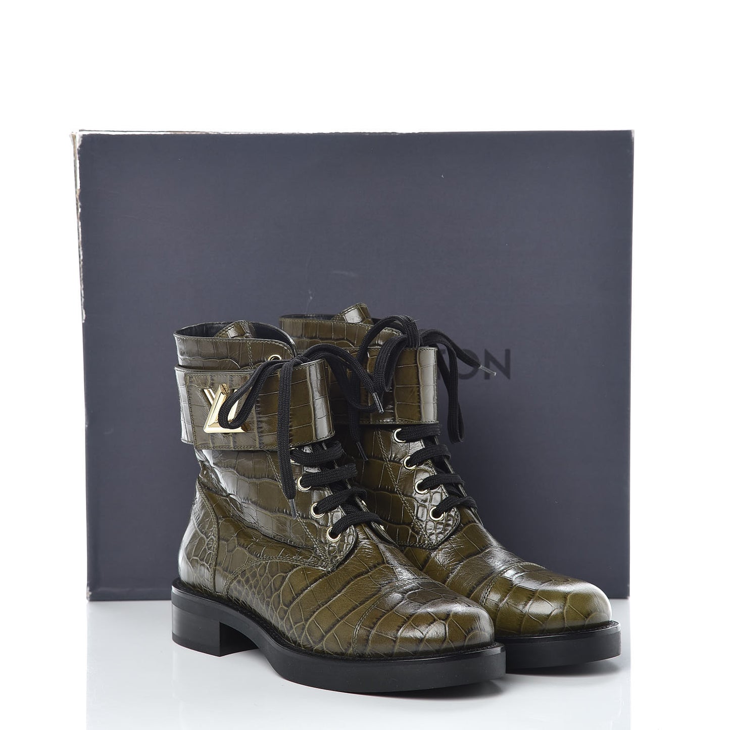 Calfskin Crocodile Embossed Wonderland Ranger Boots 37 Kaki