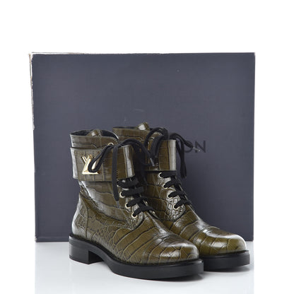 Louis Vuitton Calfskin Crocodile Embossed Wonderland Ranger Boots 37 Kaki 9 of 9