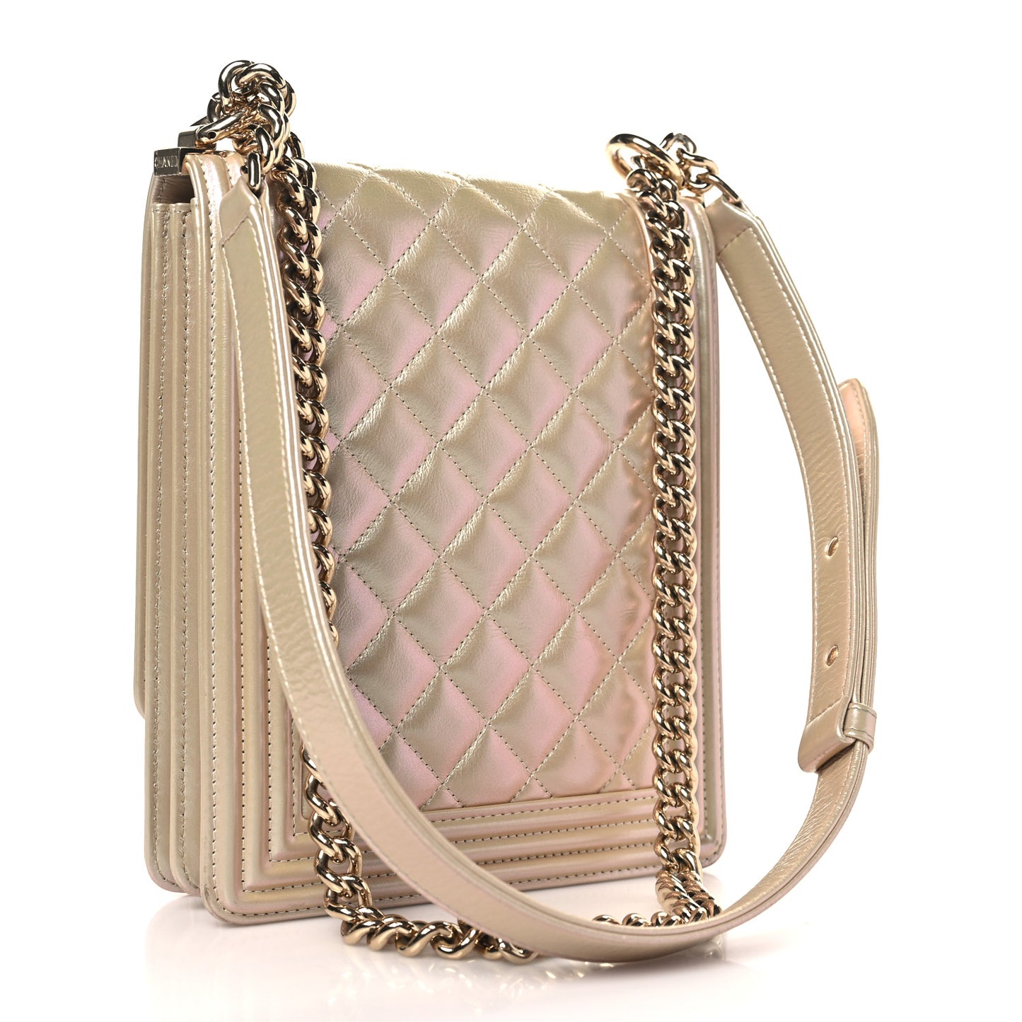 Iridescent Calfskin Quilted North South Boy Flap Beige