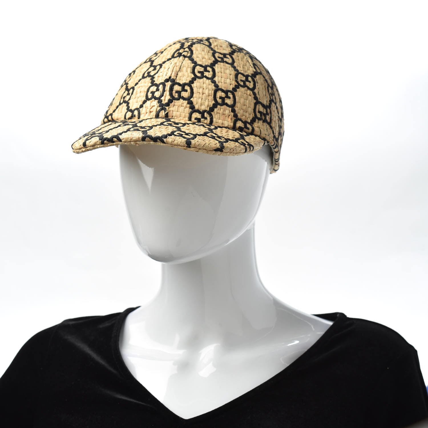 Gucci Raffia GG Monogram Elaphe Embroidered Aisha Baseball Hat M Ivory Black 2 of 6