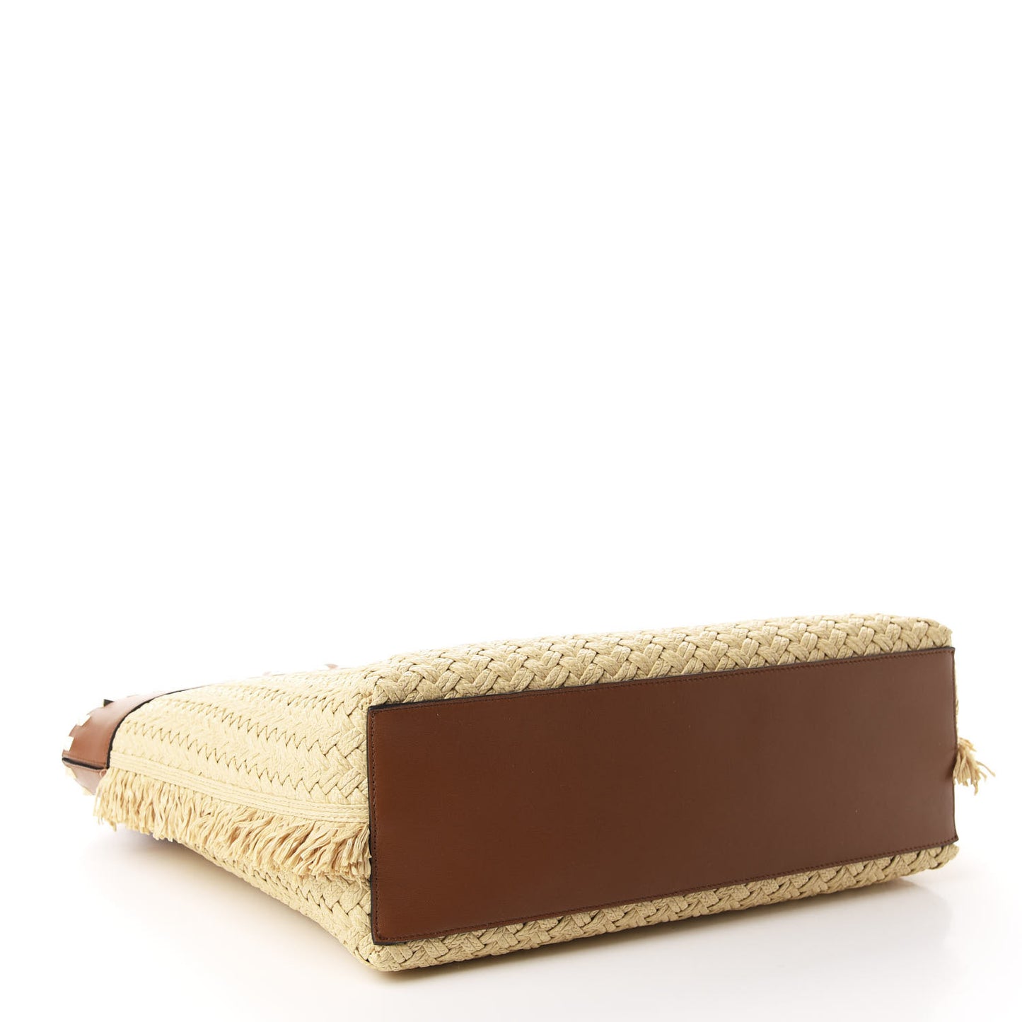 Raffia Calfskin Rockstud Shoulder Tote Naturale Saddle Brown
