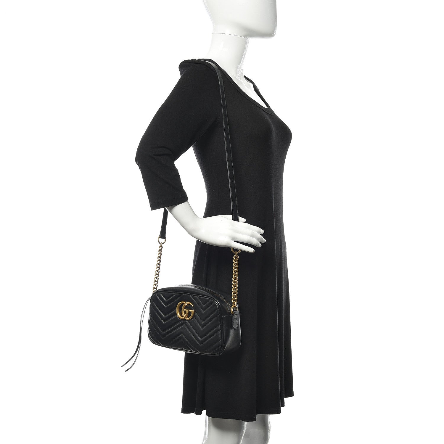 Gucci Calfskin Matelasse Small GG Marmont Chain Shoulder Bag Black 2 of 9