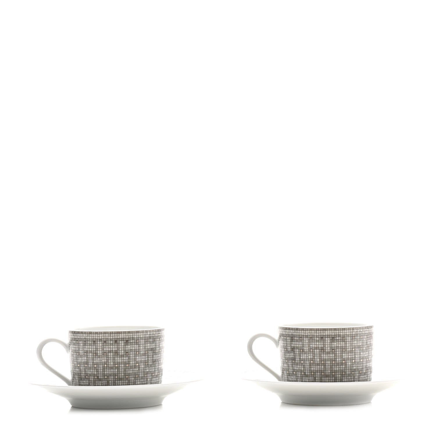 Hermes Porcelain Mosaique Au 24 Platine Tea Cup And Saucer Set Of 2 Platinum 1 of 7