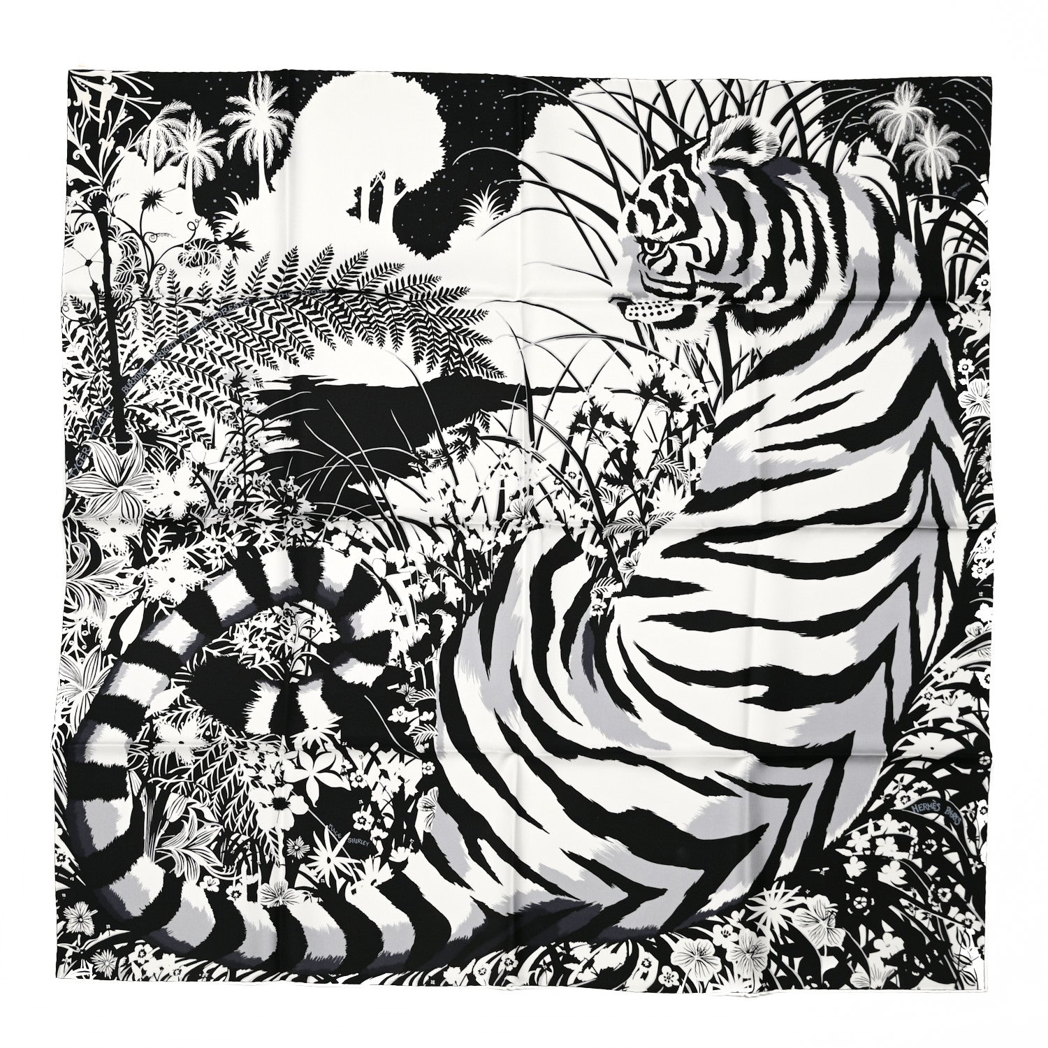 Hermes Silk Tyger Tyger Scarf 90 Noir Blanc Gris 1 of 5