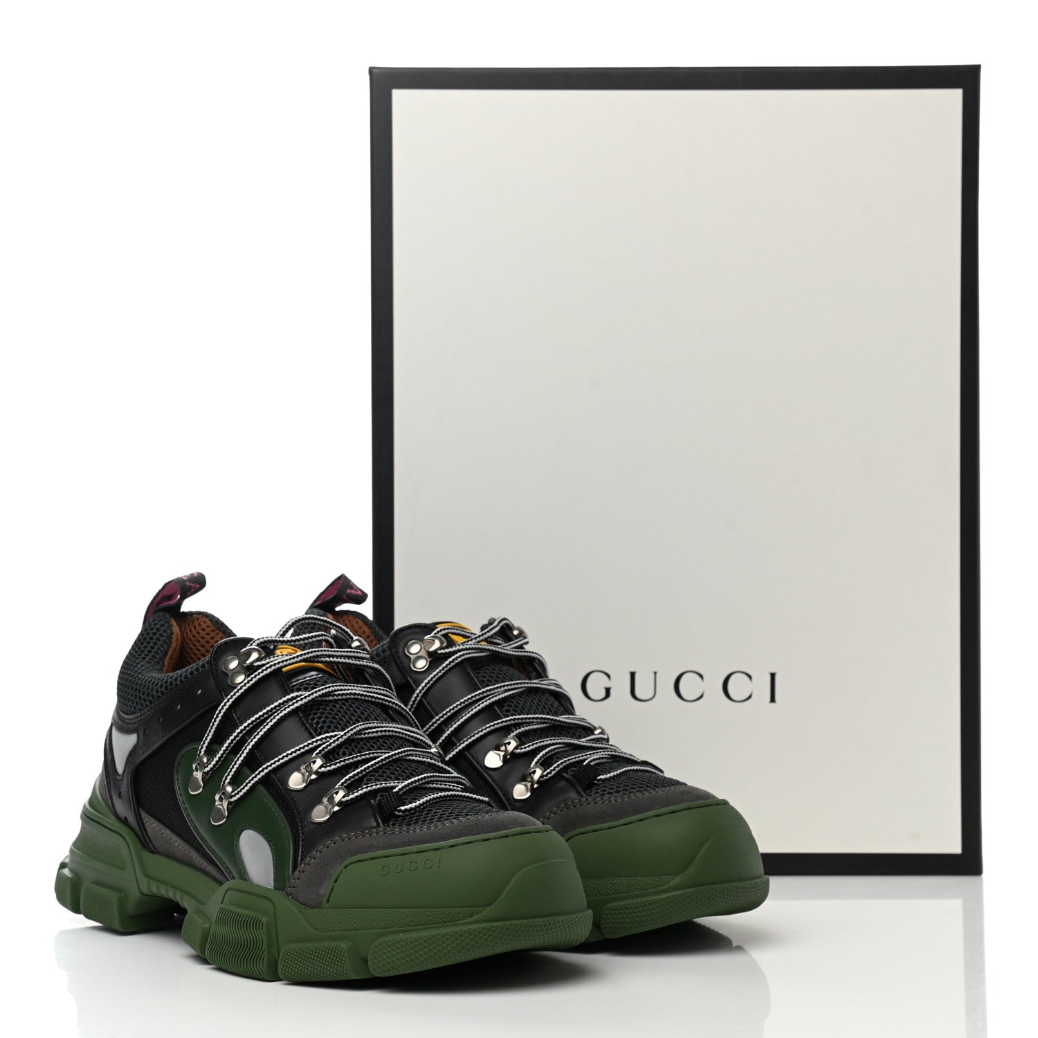 Gucci X SEGA Mesh Suede Calfskin Mens Flashtrek Sneakers 8 Loess Black Olive Green 7 of 7