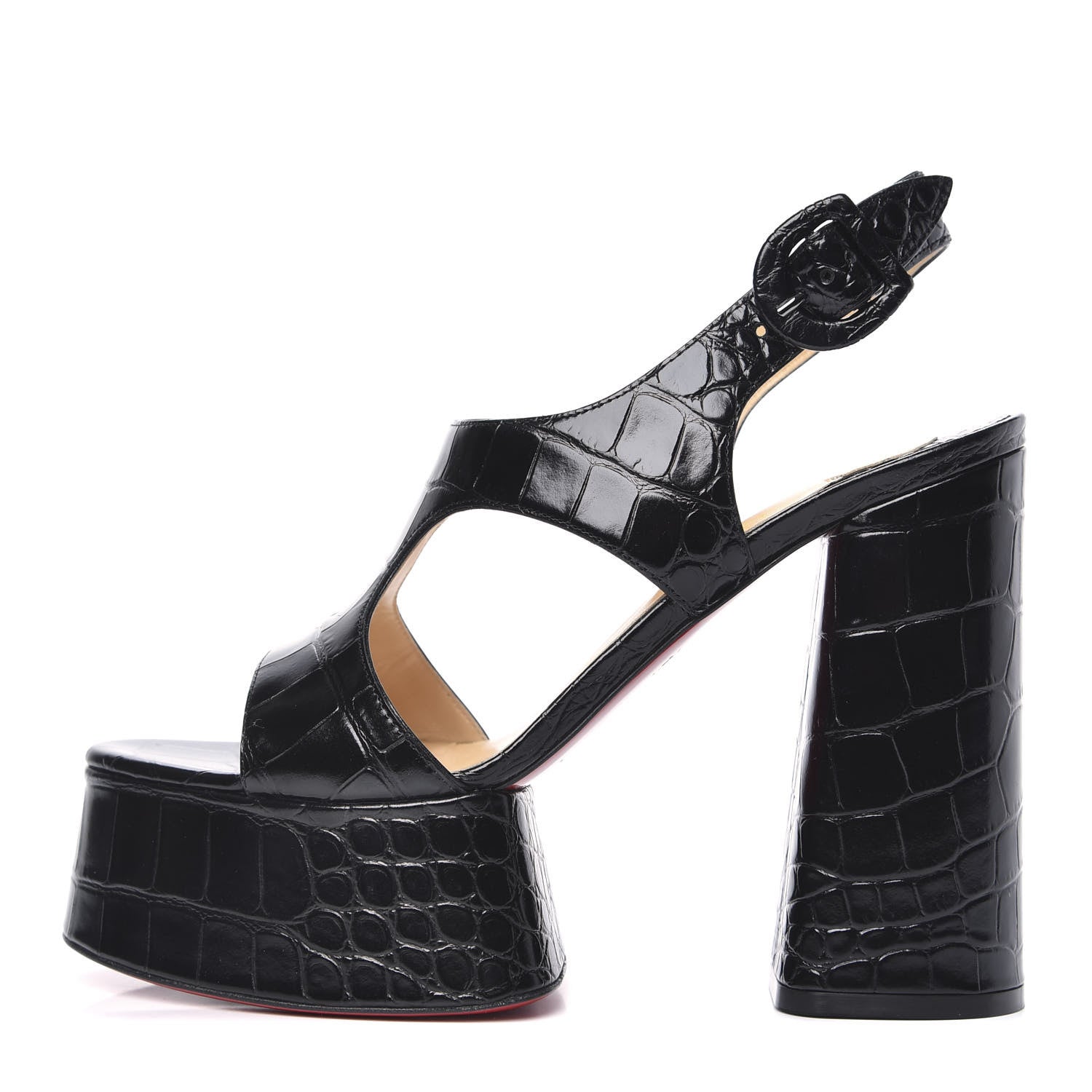 Christian Louboutin Calfskin Crocodile Embossed Foolish Platform Sandals 38.5 Black 1 of 8