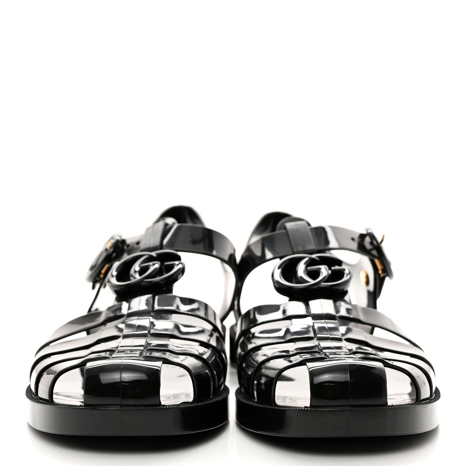 Gucci Shiny Rubber Womens Double G Buckle Strap Sandals 39 Black 2 of 8