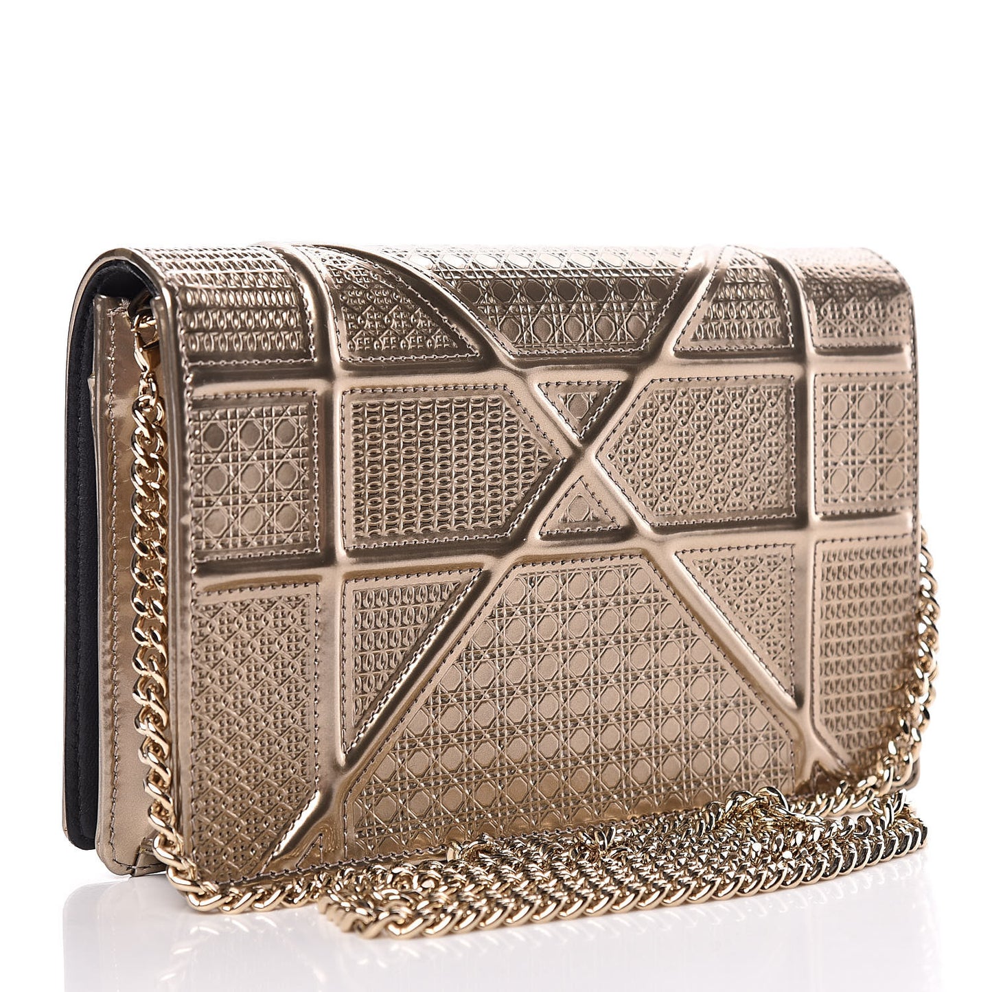 Metallic Patent Micro-Cannage Diorama Wallet on Chain Pouch Gold