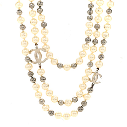 Chanel Pearl CC Multi Strand Long Necklace Silver Pearly White Grey 4 of 6