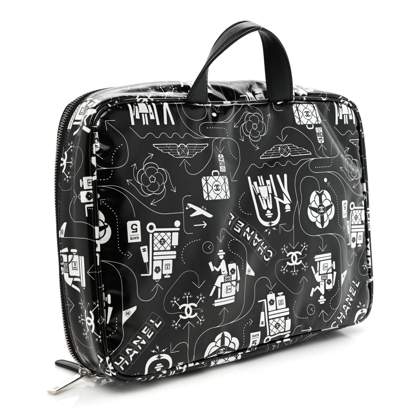 Coated Canvas Airline Cosmetic Travel Bag Black White