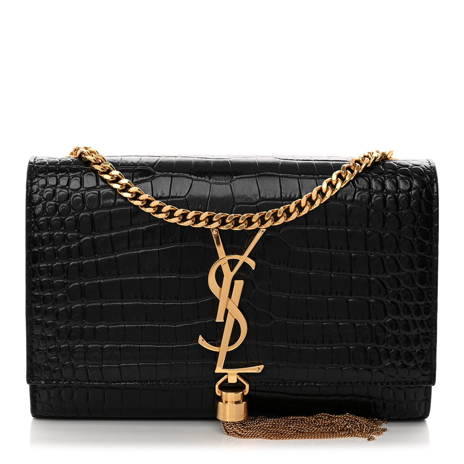 Saint Laurent Calfskin Crocodile Embossed Small Classic Monogram Kate Tassel Satchel Black 1 of 10