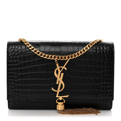 Saint Laurent Calfskin Crocodile Embossed Small Classic Monogram Kate Tassel Satchel Black 1 of 10